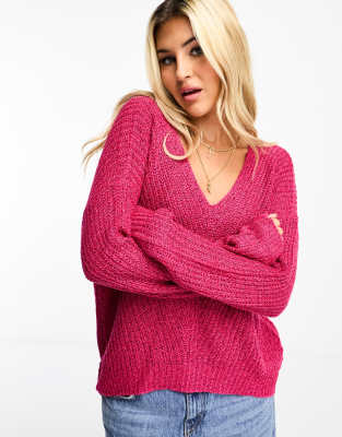 Pink Slouchy V Neck Ribbed Longline Jumper