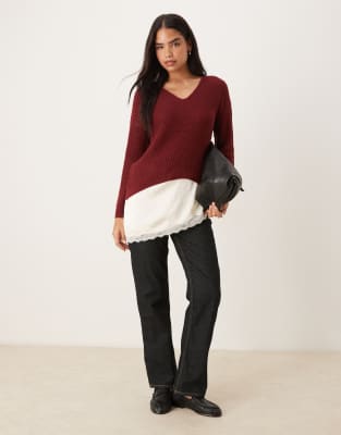 Jdy Lightweight V Neck Sweater In Red