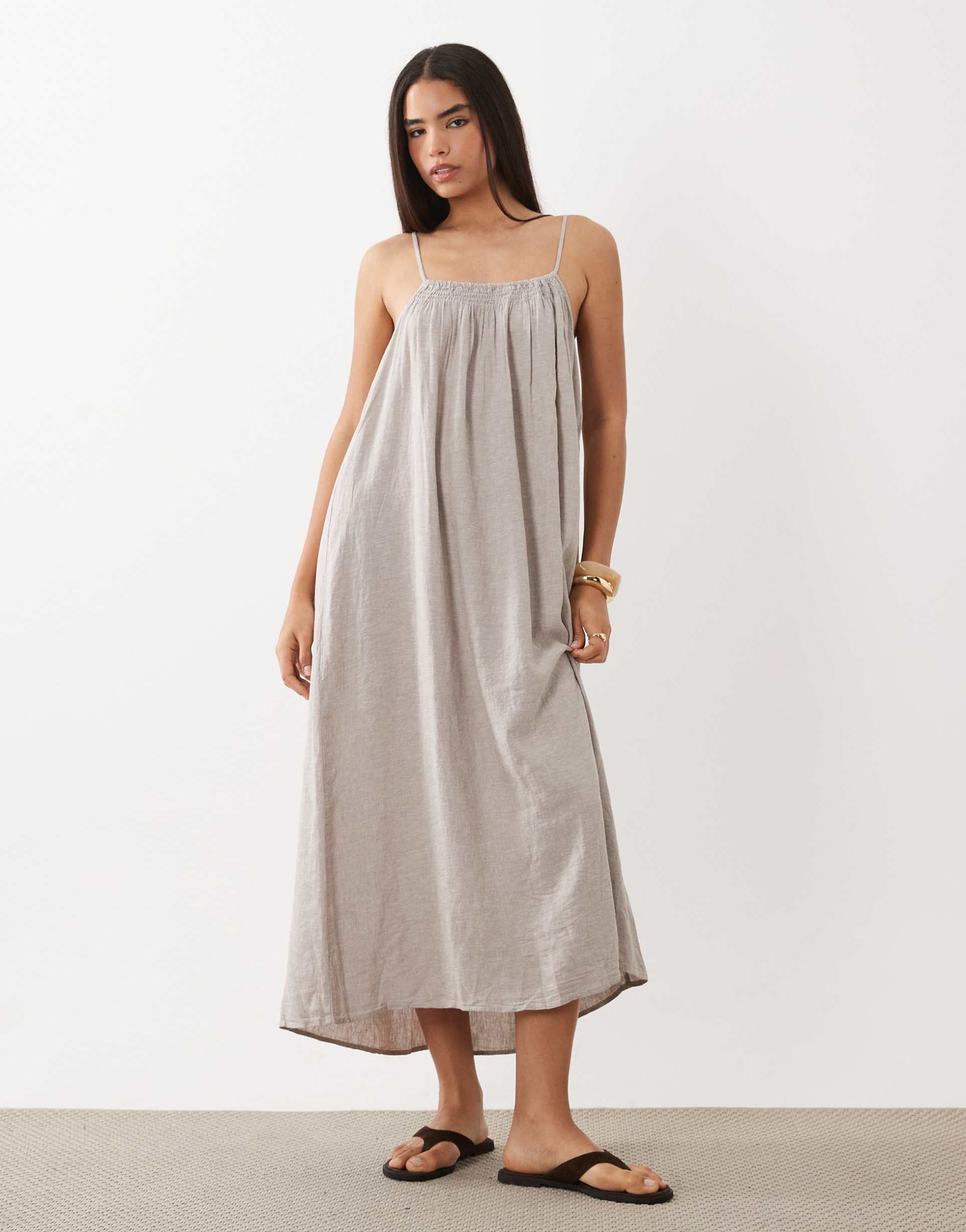 jdy linen blend cami midi dress in stone