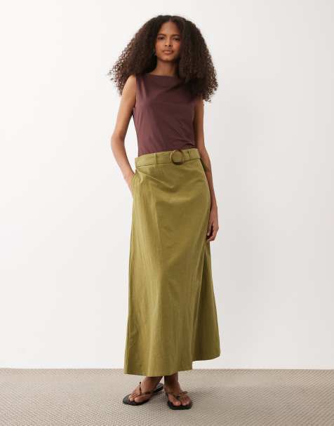 JDY linen blend high waist belted maxi skirt in green - view 1