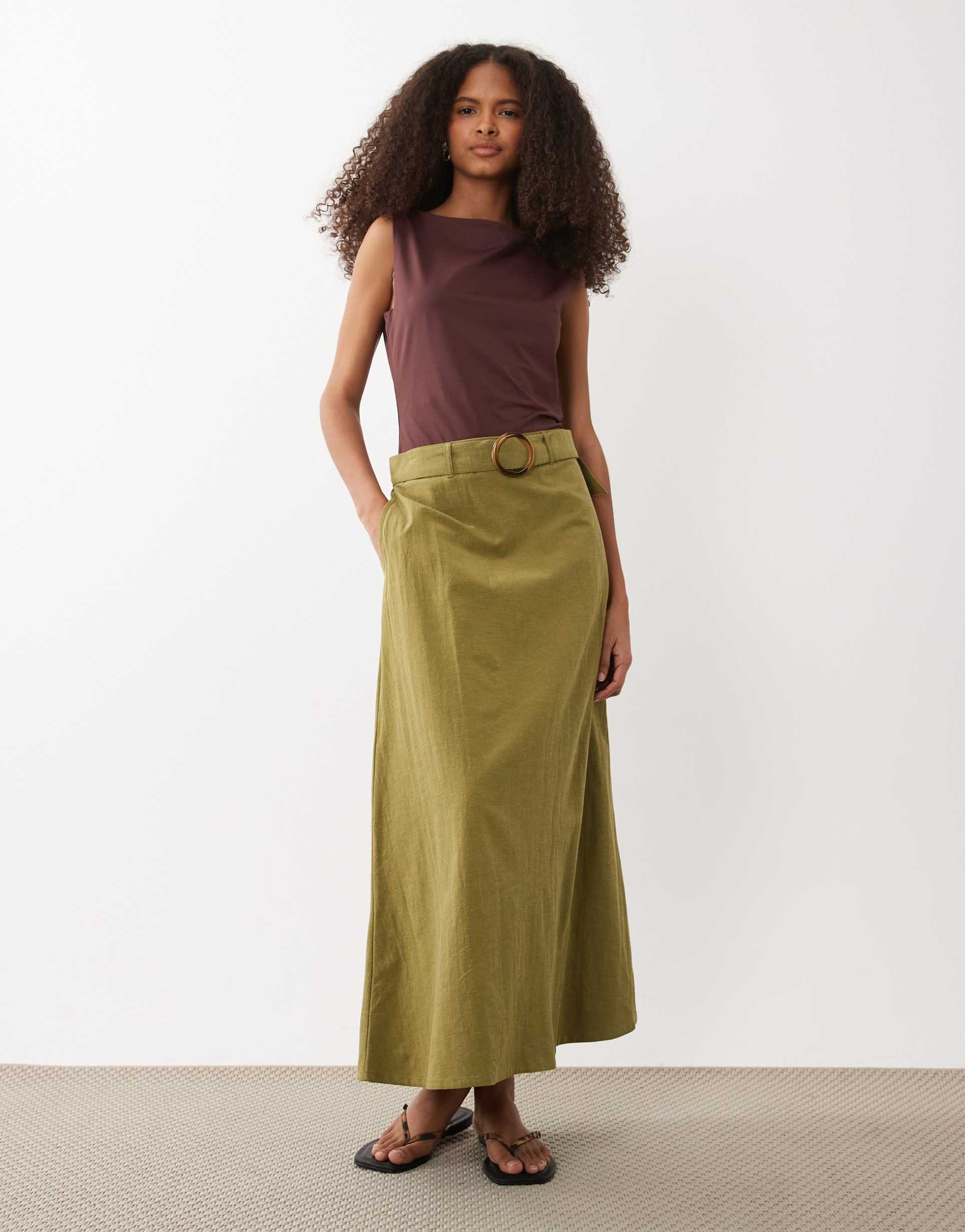jdy linen blend high waist belted maxi skirt in green