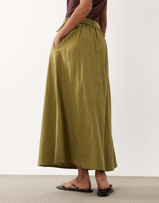 JDY linen blend high waist belted maxi skirt in green, 5 of 5