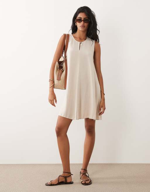JDY linen blend pleated mini dress in oatmeal, 2 of 4