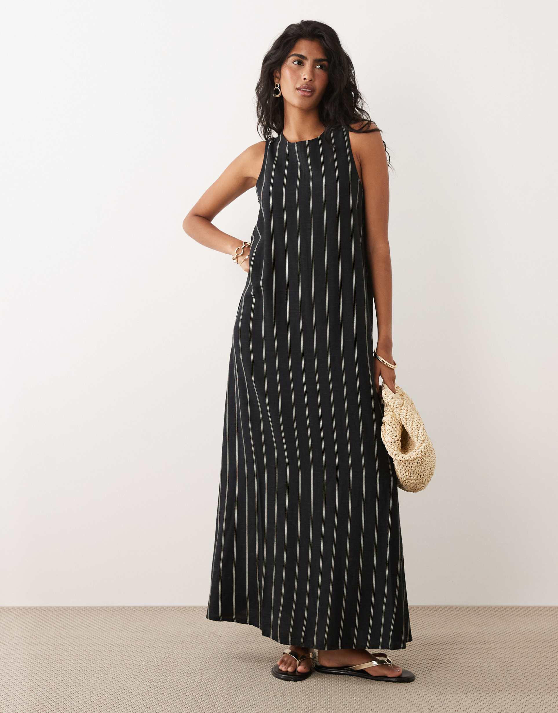 jdy linen blend sleeveless maxi dress in black with white stripes