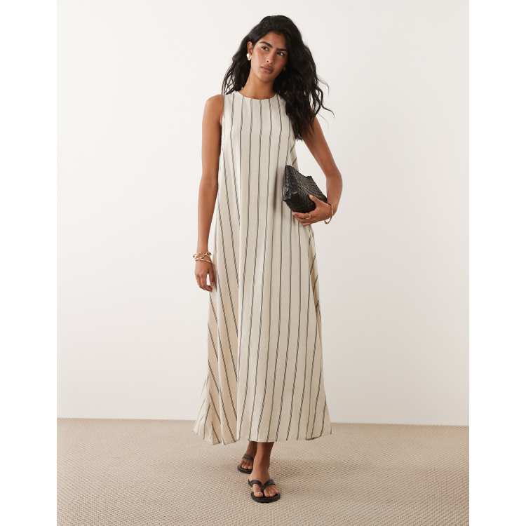 JDY linen blend sleeveless maxi dress in white with black stripes
