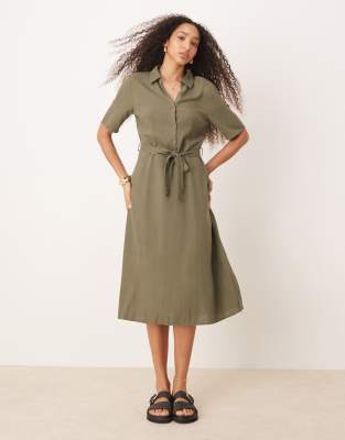 linen mix midi shirt dress in khaki-Green