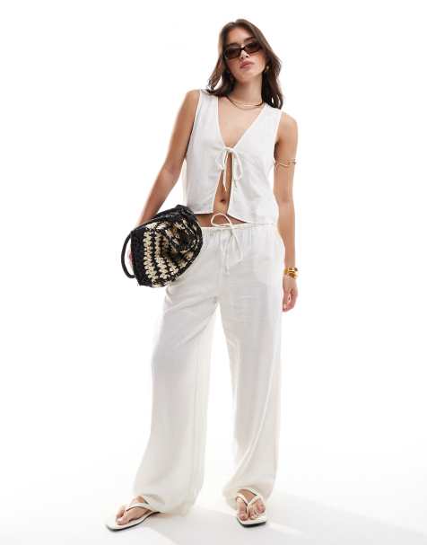 JDY linen mix straight leg trouser co-ord in white - view 1