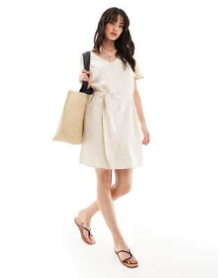 JDY linen mix tie detail dress in oatmeal