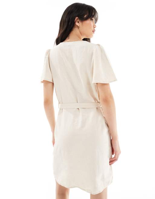 JDY linen mix tie detail dress in oatmeal, 2 of 4
