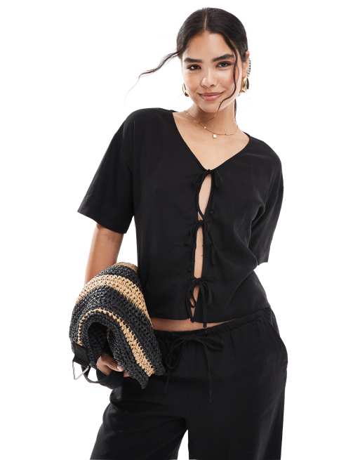 JDY linen mix tie front top in black - part of a set 