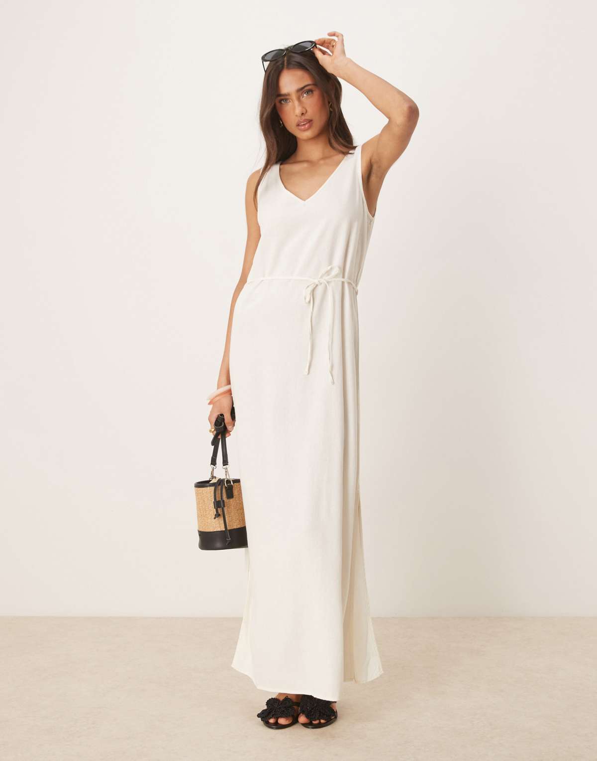 JDY linen mix tie maxi dress in white