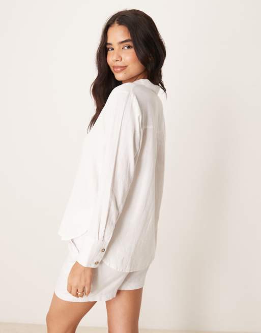 JDY – Locker geschnittene Hemdbluse aus Leinen in Weiß, Kombiteil, 2 von 4