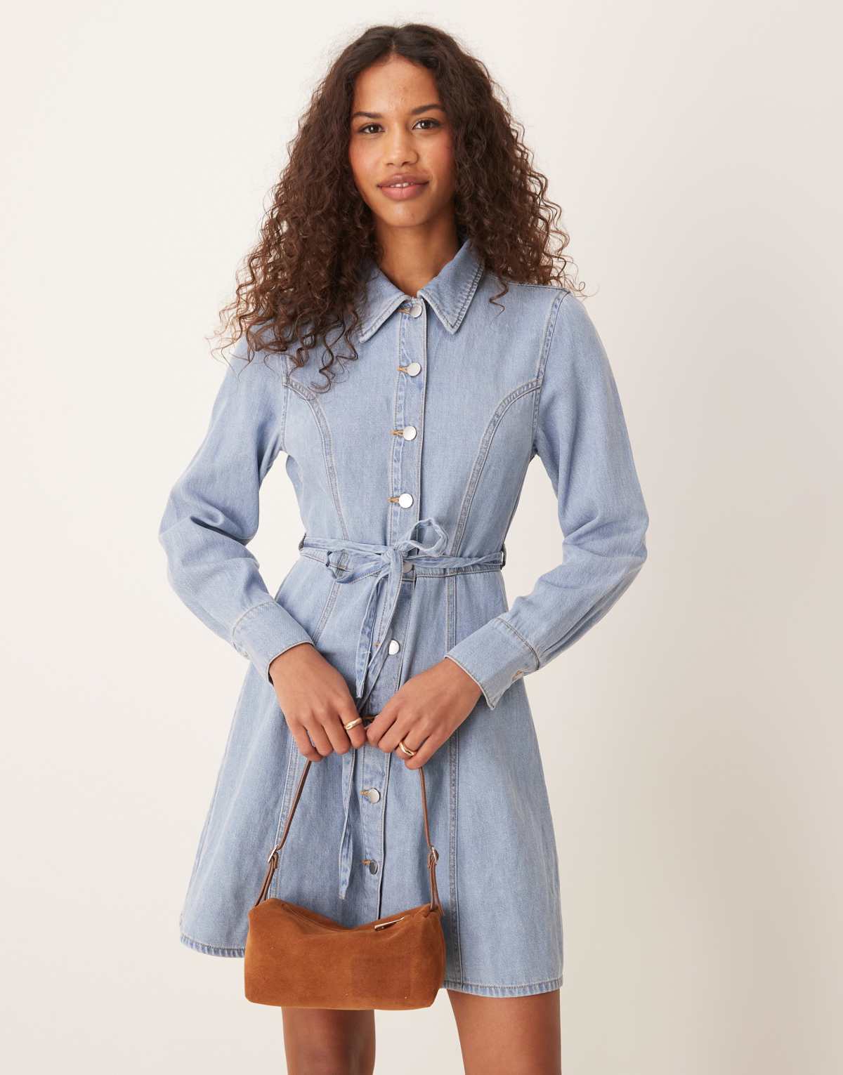 JDY long sleeve belted denim dress in light wash blue