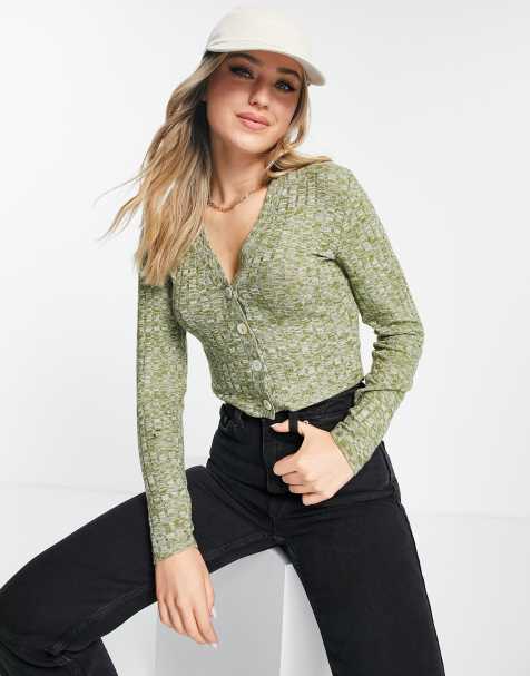 JDY long sleeve cropped cardigan in green - view 1