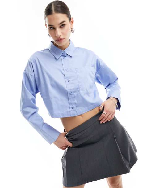 JDY long sleeve cropped shirt in blue - view 1