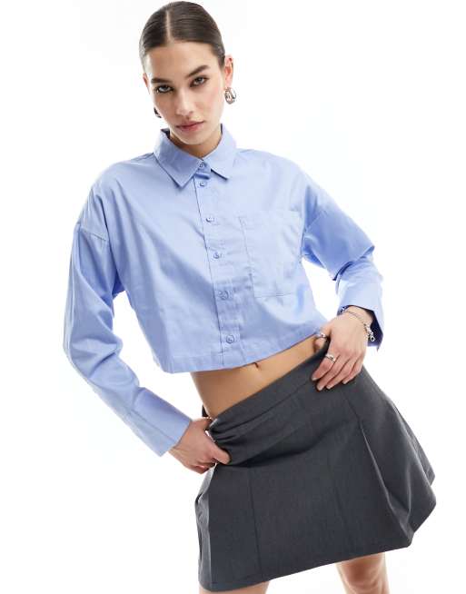 JDY long sleeve cropped shirt in blue 