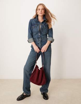 JDY long sleeve denim jumpsuit in mid wash blue