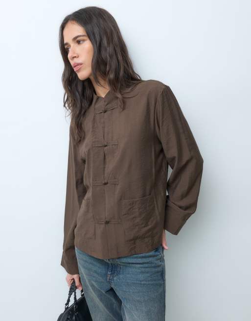JDY long sleeve high neck shirt in brown, 3 of 5