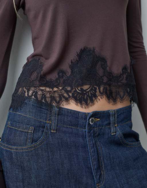JDY long sleeve high neck top with lace trim in brown, 2 of 5