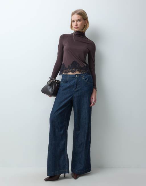JDY long sleeve high neck top with lace trim in brown, 3 of 5