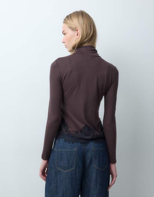 JDY long sleeve high neck top with lace trim in brown, 5 of 5