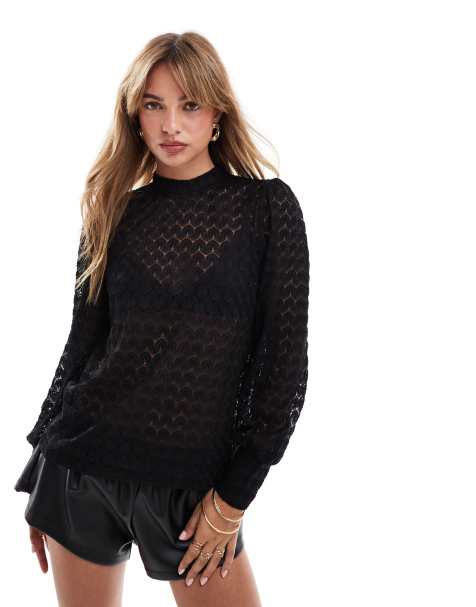 JDY long sleeve lace top in black - view 1