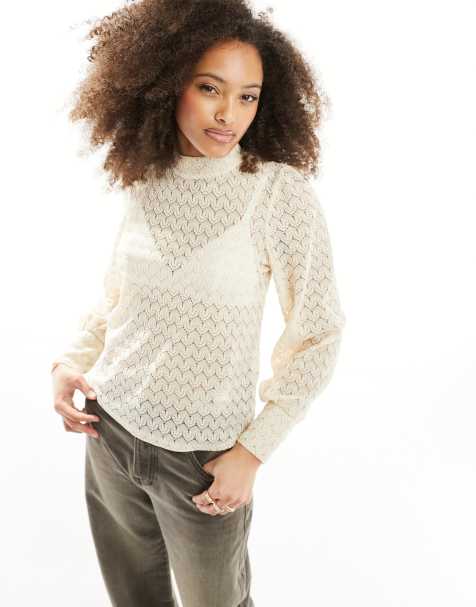 JDY long sleeve lace top in sandshell - view 1