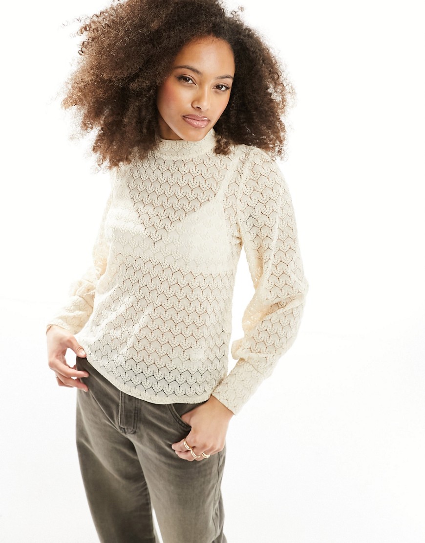 JDY long sleeve lace top in sandshell-Neutral