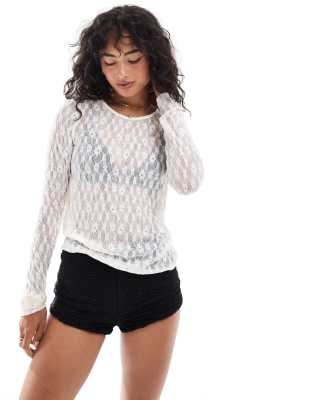 JDY JDY long sleeve lace top in white