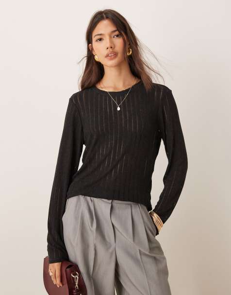 JDY long sleeve laddered top in dark grey - view 1