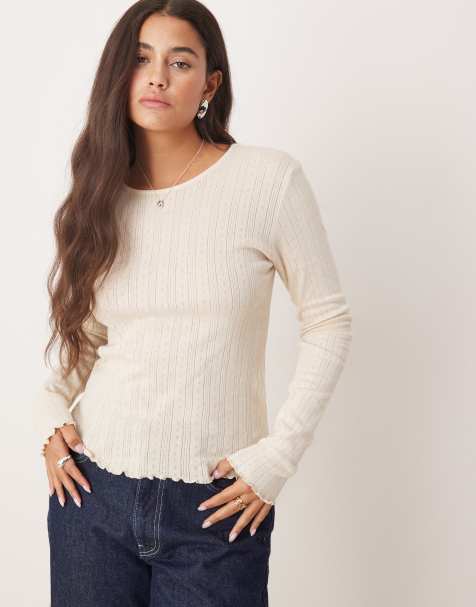 JDY long sleeve lettuce edge top in white - view 1