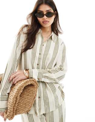 long sleeve linen mix shirt in sage and white stripe - part of a set-Multi