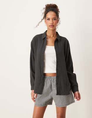 long sleeve loose cheesecloth shirt in dark gray