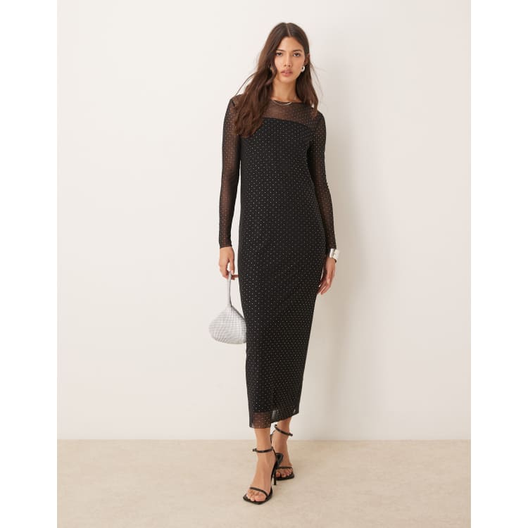 JDY long sleeve mesh studded maxi dress in black ASOS
