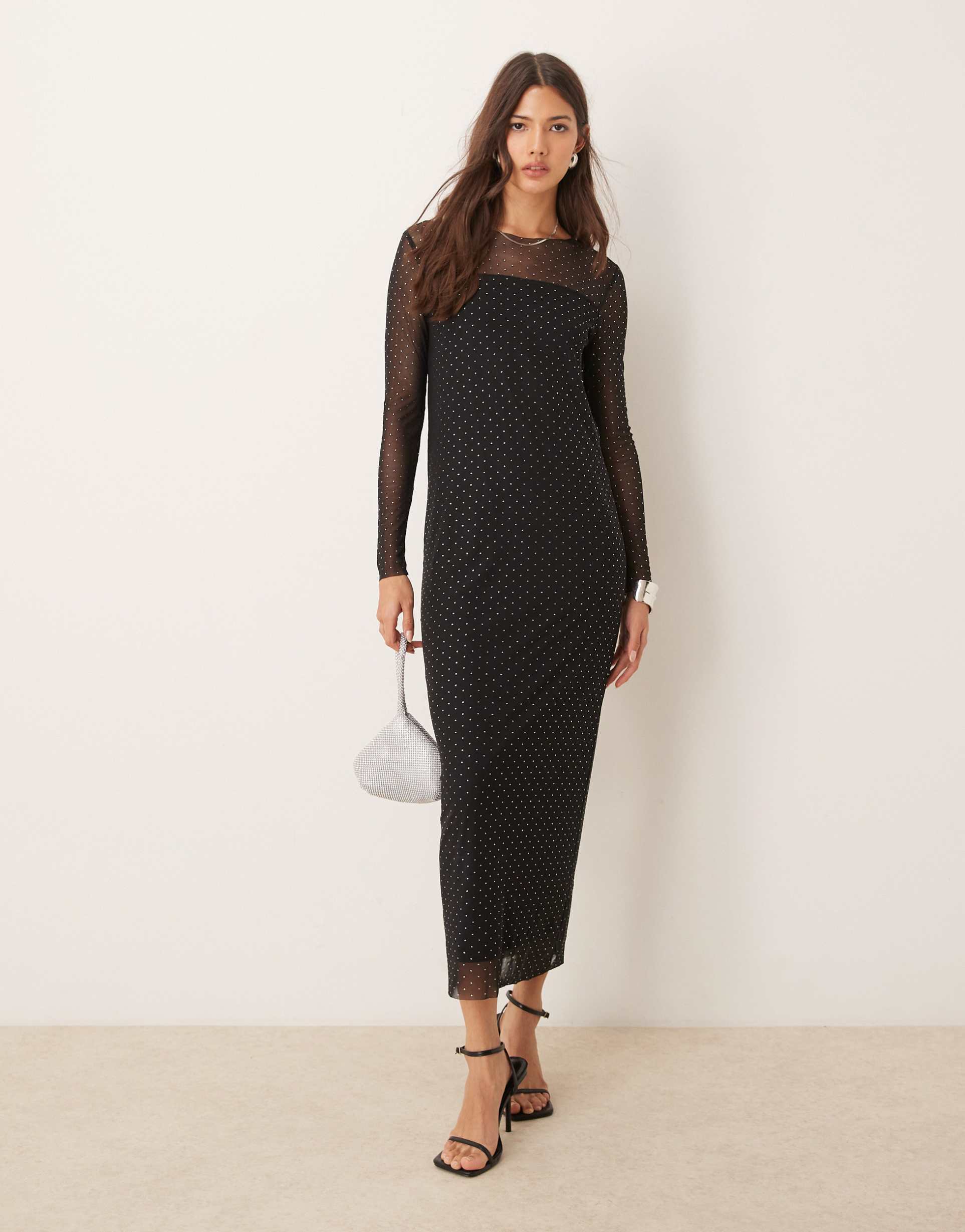 jdy long sleeve mesh studded maxi dress in black