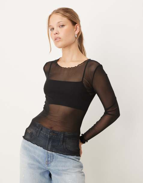 JDY long sleeve mesh top in black - view 1