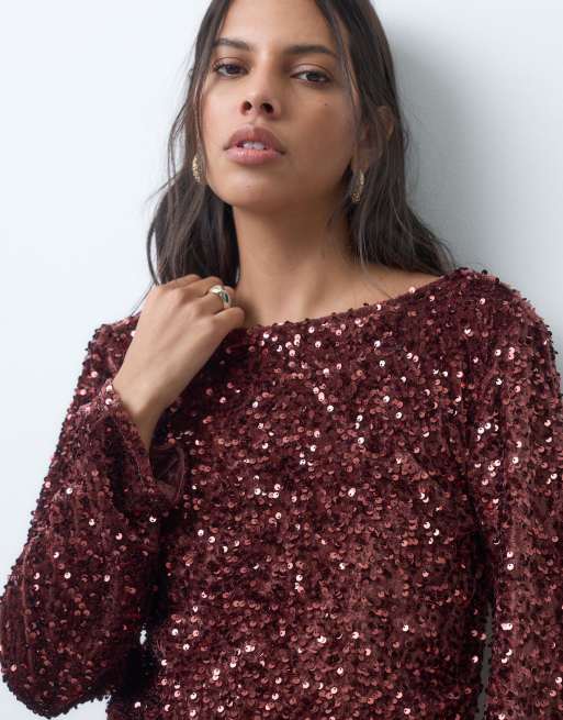 JDY long sleeve mini dress in brown sequins, 2 of 4
