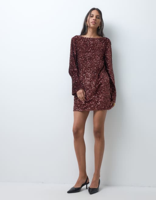JDY long sleeve mini dress in brown sequins, 3 of 4