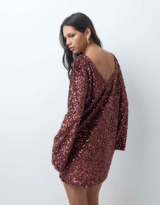 JDY long sleeve mini dress in brown sequins, 4 of 4