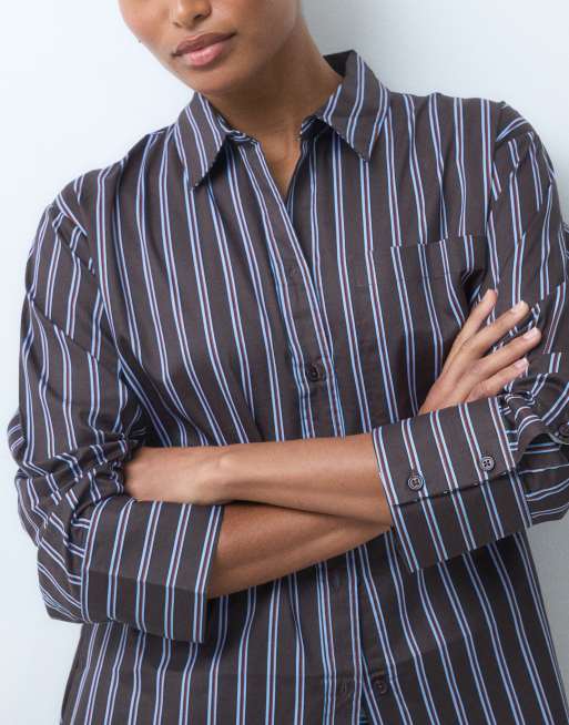 JDY long sleeve oversized shirt in brown stripes, 2 of 5