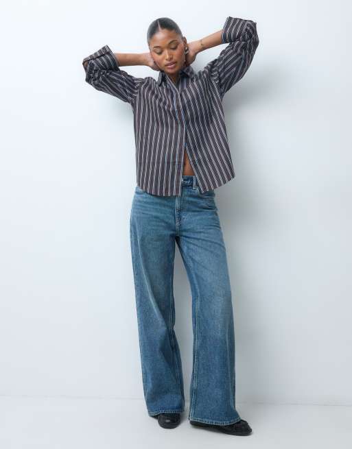 JDY long sleeve oversized shirt in brown stripes, 3 of 5
