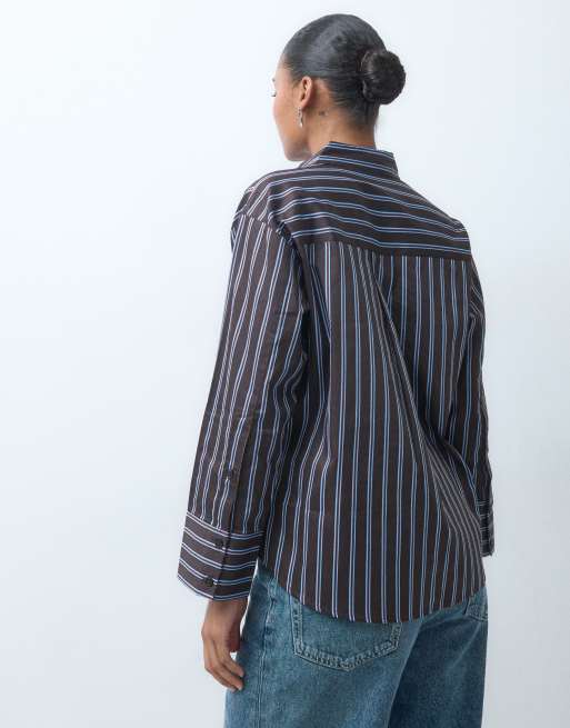 JDY long sleeve oversized shirt in brown stripes, 4 of 5