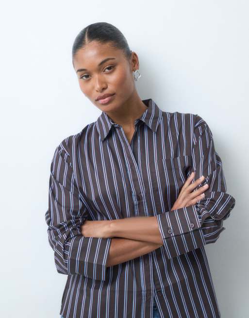 JDY long sleeve oversized shirt in brown stripes, 5 of 5