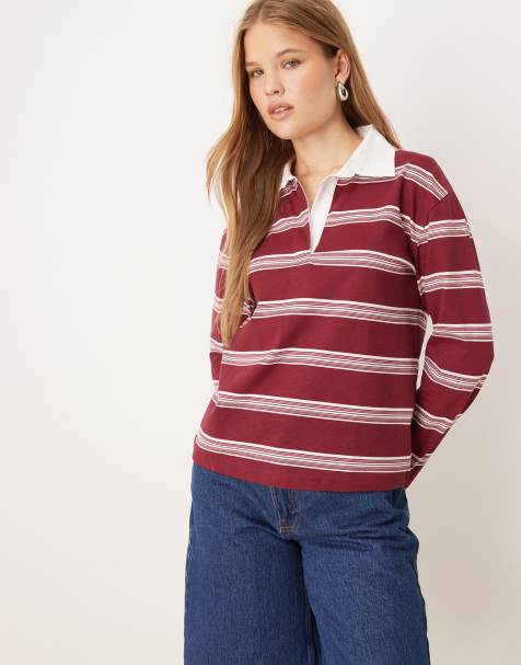JDY long sleeve polo shirt in burgundy with white stripes - view 1
