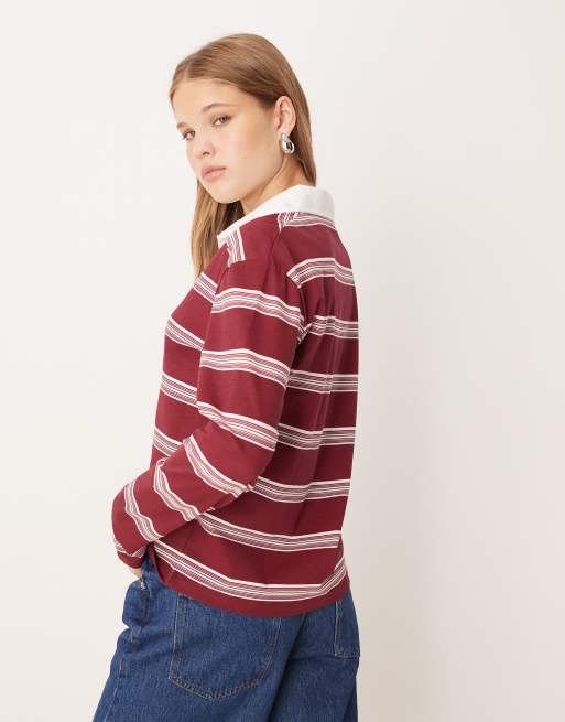 JDY long sleeve polo shirt in burgundy with white stripes, 4 of 4