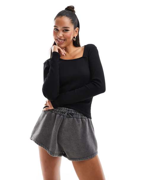 JDY long sleeve ribbed square neck top in black - view 1