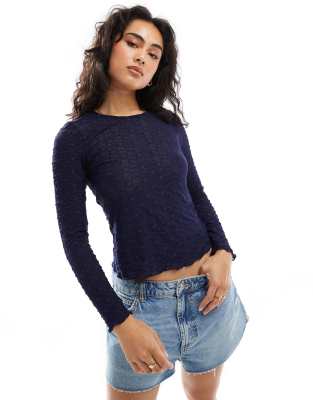 JDY long sleeve sheer structured top in navy