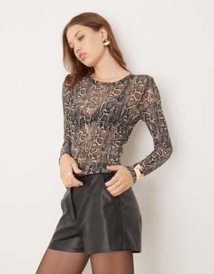 JDY long sleeve sheer top in snake print-Multi