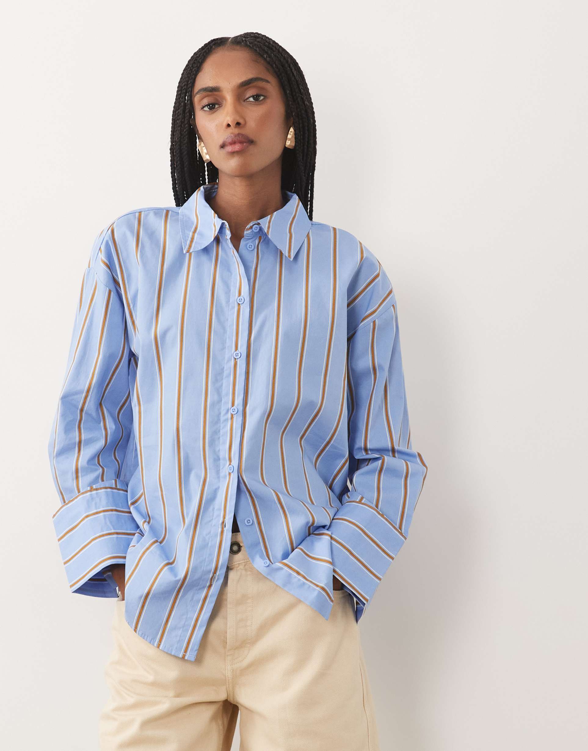 jdy long sleeve shirt in blue & brown stripes