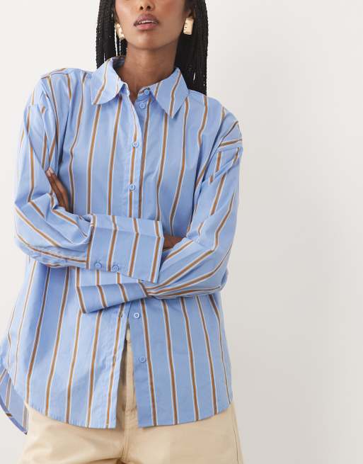 JDY long sleeve shirt in blue & brown stripes, 3 of 4